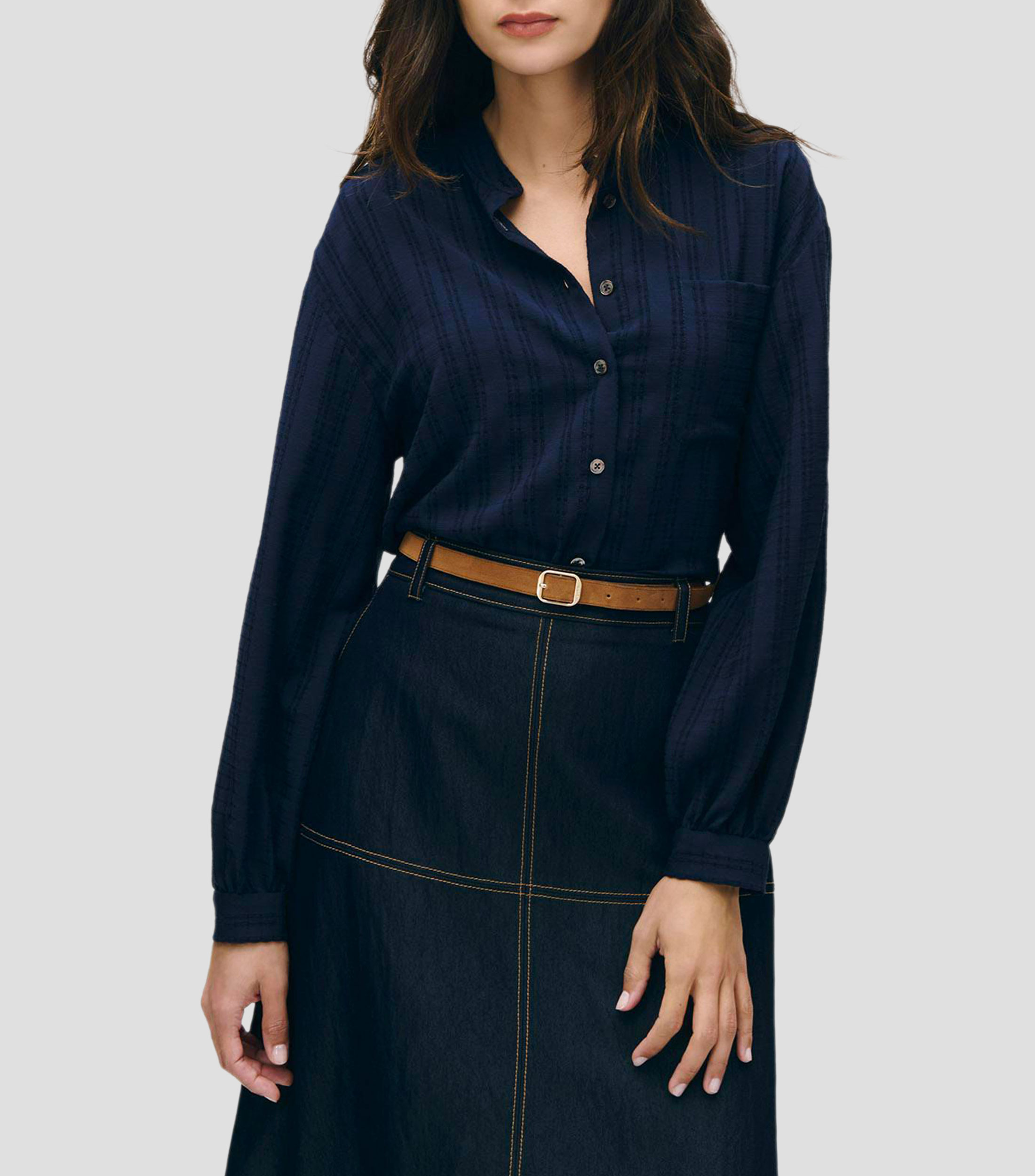 Blusa jacquard a cuadros índigo cuello mao Mujer